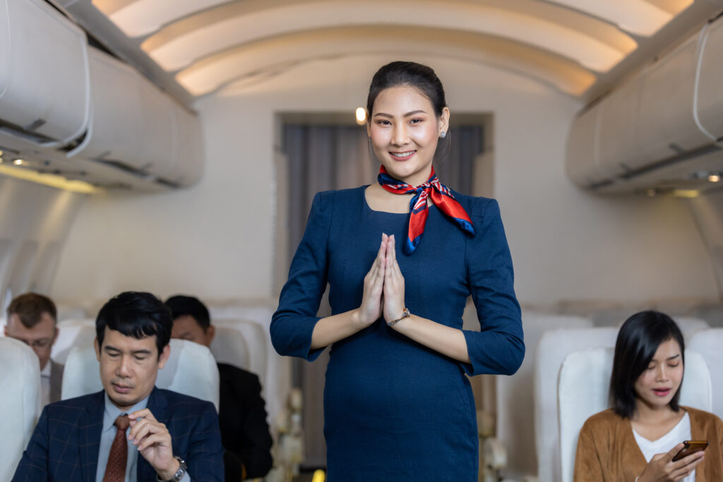 beautiful air hostess airplane smiling portrait asian air hostess posing sawasdee cabin crew air hoste