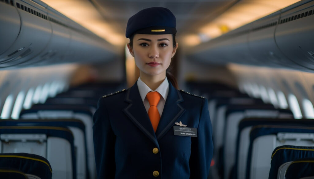 confident cabin crew passengers journey commercial airplane together generated by ai