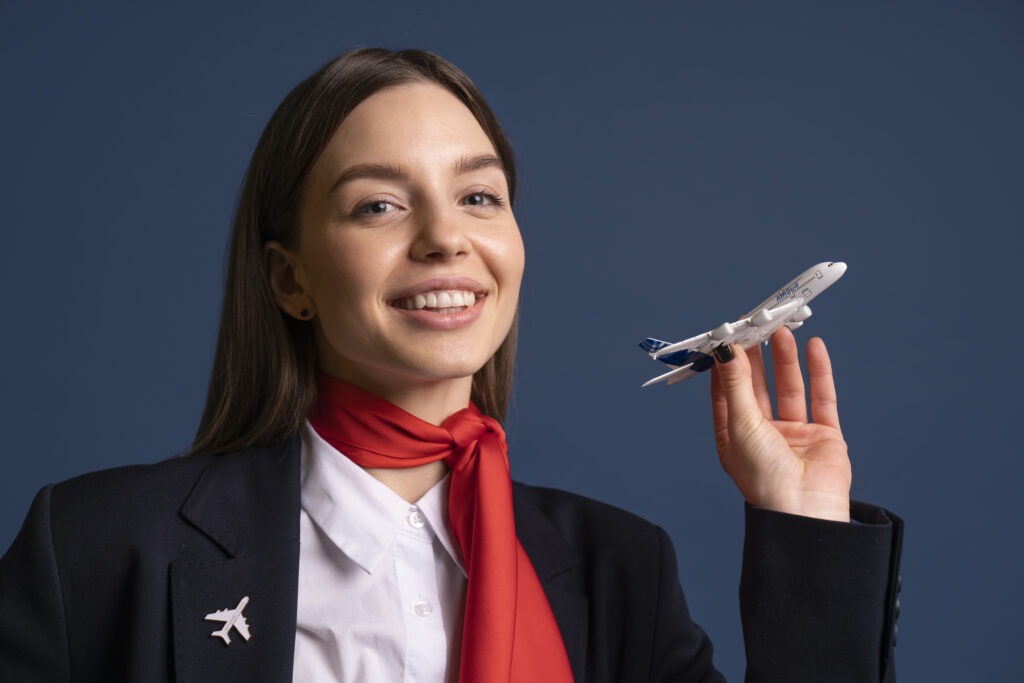 portrait flight attendant with plane figurine1